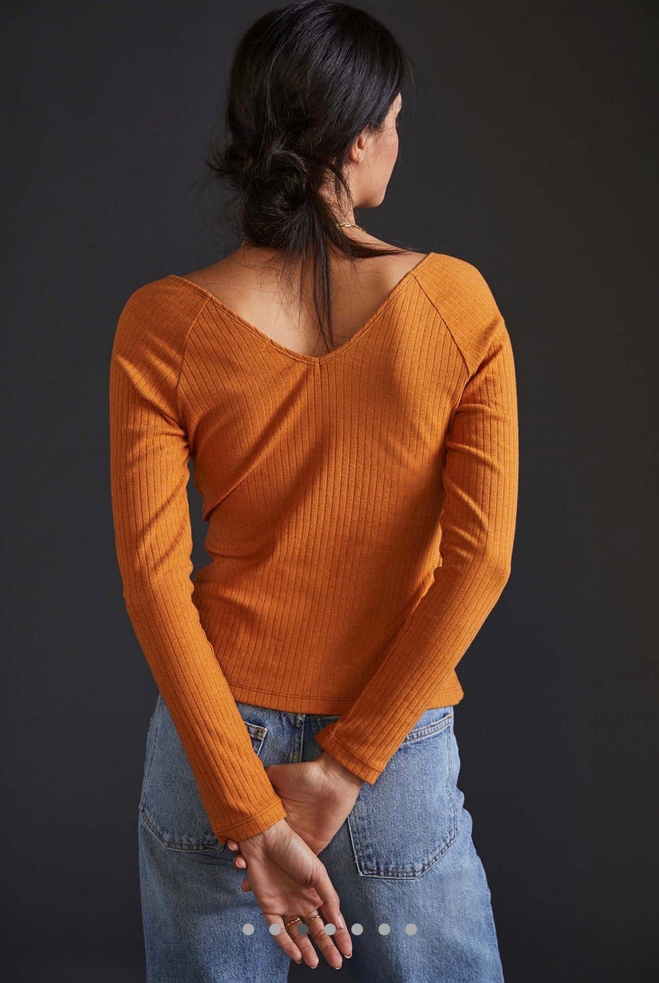 Anthropologie Maeve Ribbed V-Neck Top in Copper - Medium