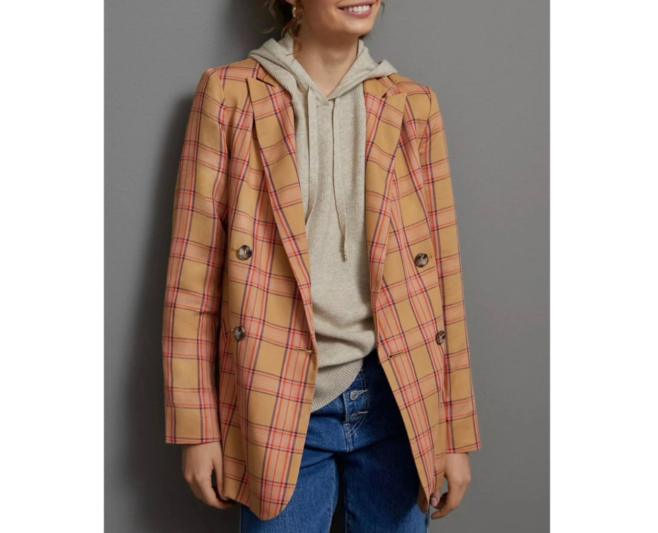 Anthropologie Maeve Orange Plaid Oversized Blazer - Large