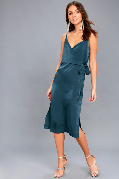 Lulus Blue Wrap Front Midi Dress - Medium