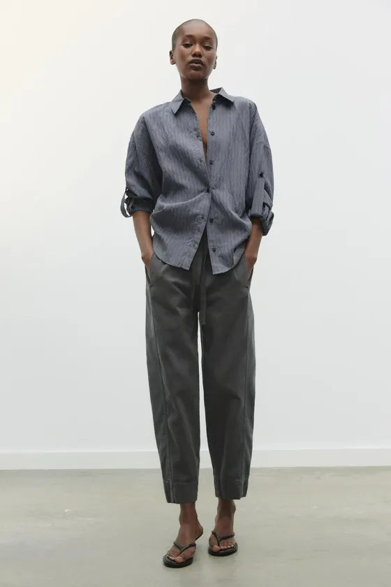 Zara Grey Cotton Trousers with Elasticated Waist - Medium