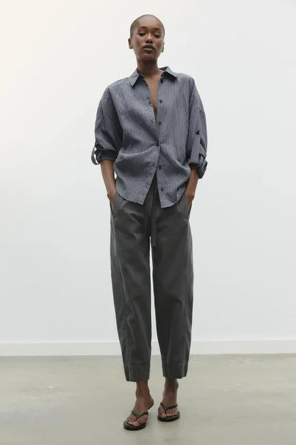 Zara Grey Cotton Trousers with Elasticated Waist - Medium