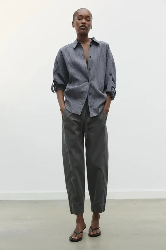 Zara Grey Cotton Trousers with Elasticated Waist - Medium
