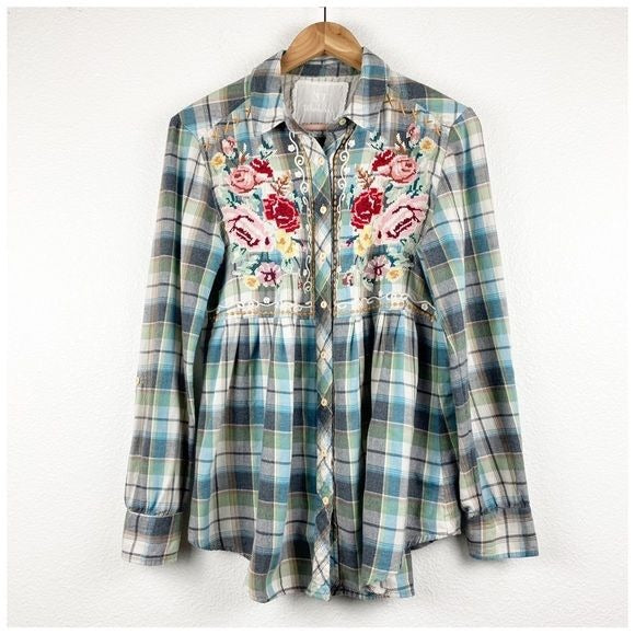 Johnny Was Blue Plaid Floral Embroidered Flannel Size Small