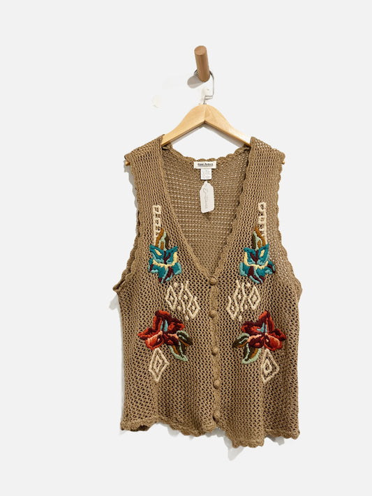 Vintage Gina Peters Summery Taupe Crochet Vest - Large