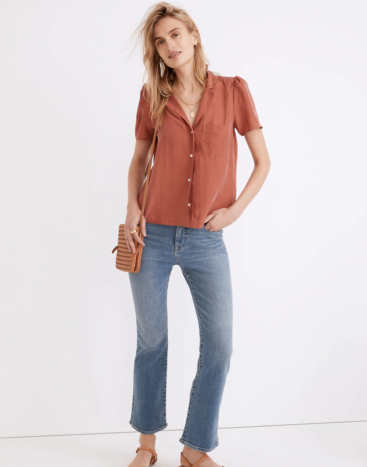 Madewell Silk Puff-Sleeve Camp Shirt in Weathered Brick - XXS