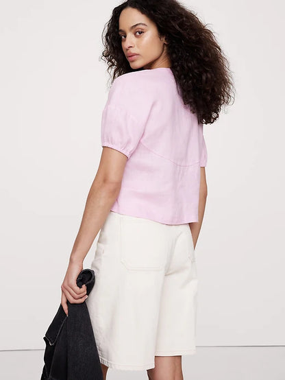Banana Republic Linen Tie Front V-Neck Top in Pink Orchid Dust - XS
