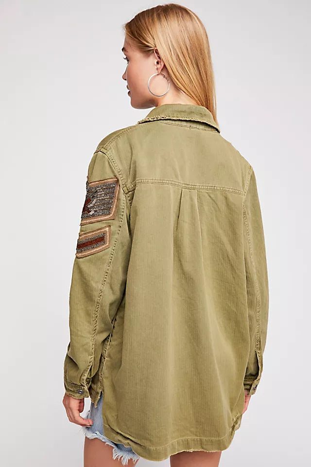 Free People Green Military Beaded Jacket - XS
