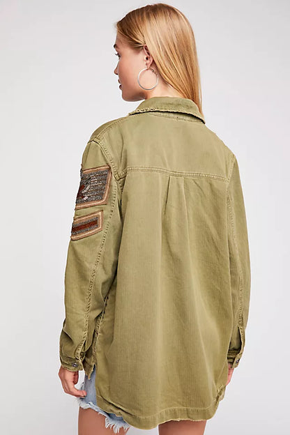 Free People Green Military Beaded Jacket - XS
