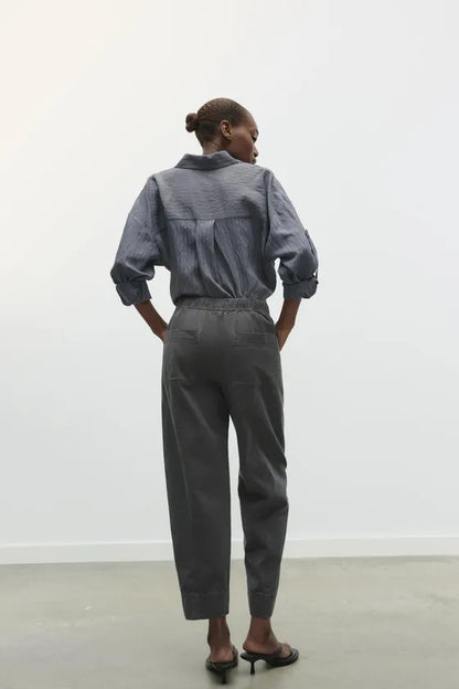 Zara Grey Cotton Trousers with Elasticated Waist - Medium