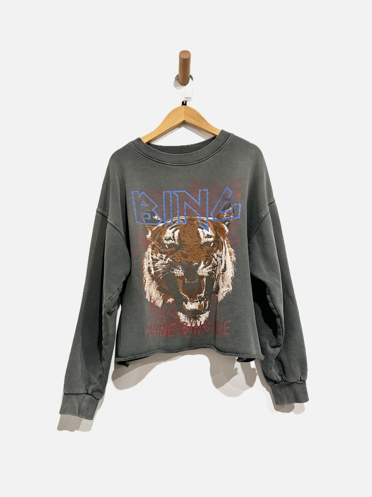 Anine Bing Grey Cropped Tiger Crewneck - Small