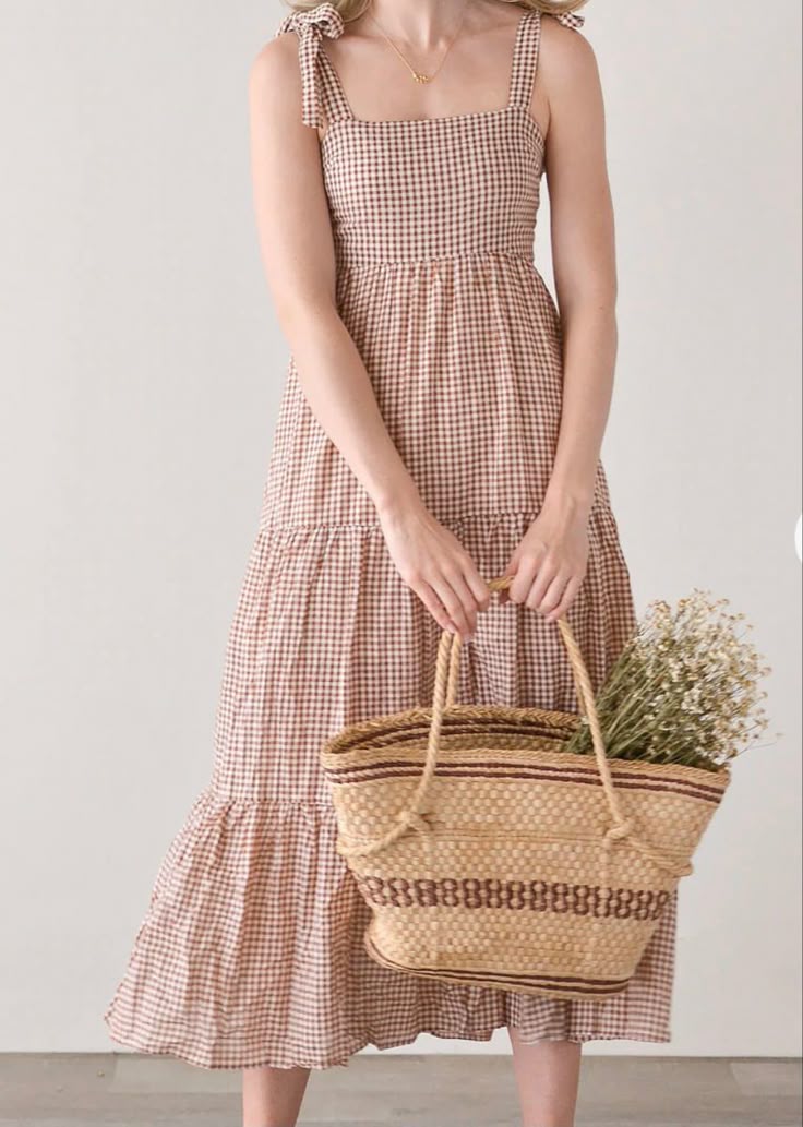 Crescent Brown Gingham Maxi Dress - Large