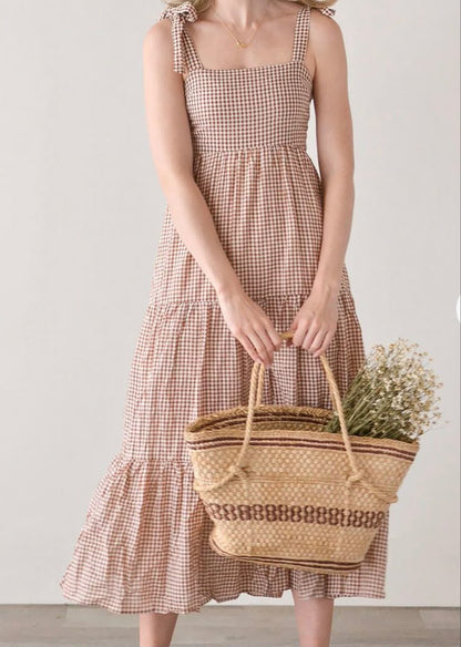 Crescent Brown Gingham Maxi Dress - Large