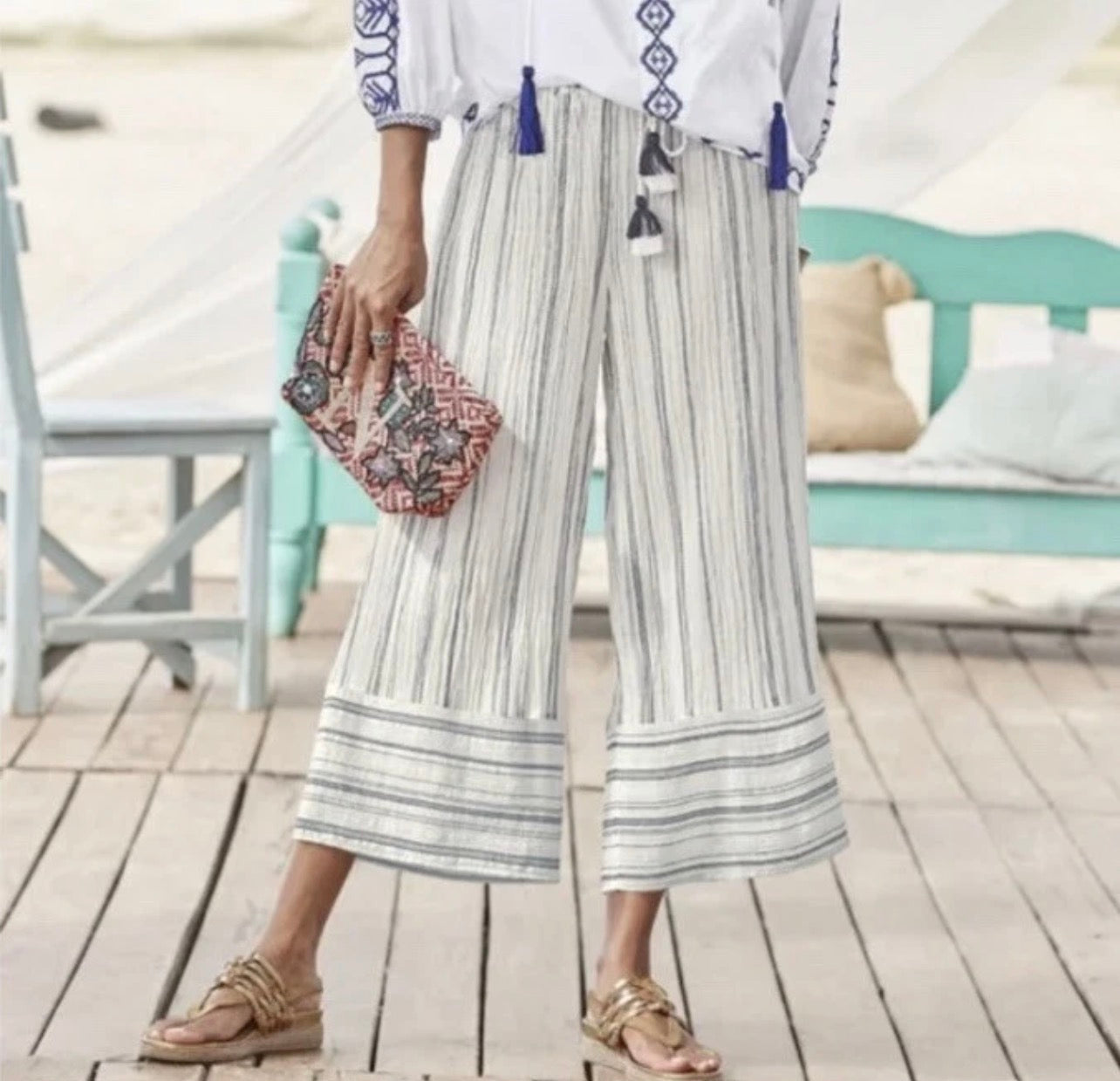 Sundance Salty Breeze Striped Wide Leg Cropped Pants - Small