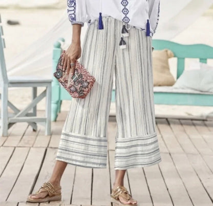 Sundance Salty Breeze Striped Wide Leg Cropped Pants - Small