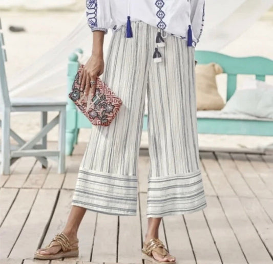 Sundance Salty Breeze Striped Wide Leg Cropped Pants - Small