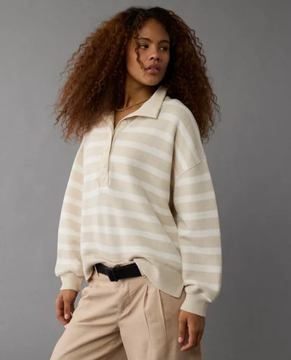 American Eagle NWT Tan and White Stripe Pullover - Medium