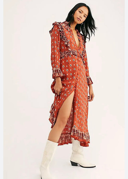 Free People Calico Skies Orange Floral Midi Dress - Small