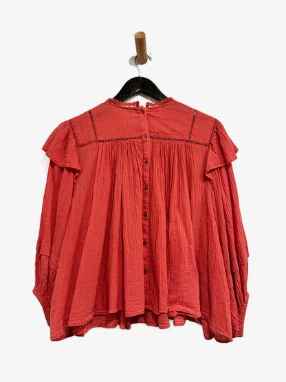 Free People Laura Eyelet Blouse in Coral - Large