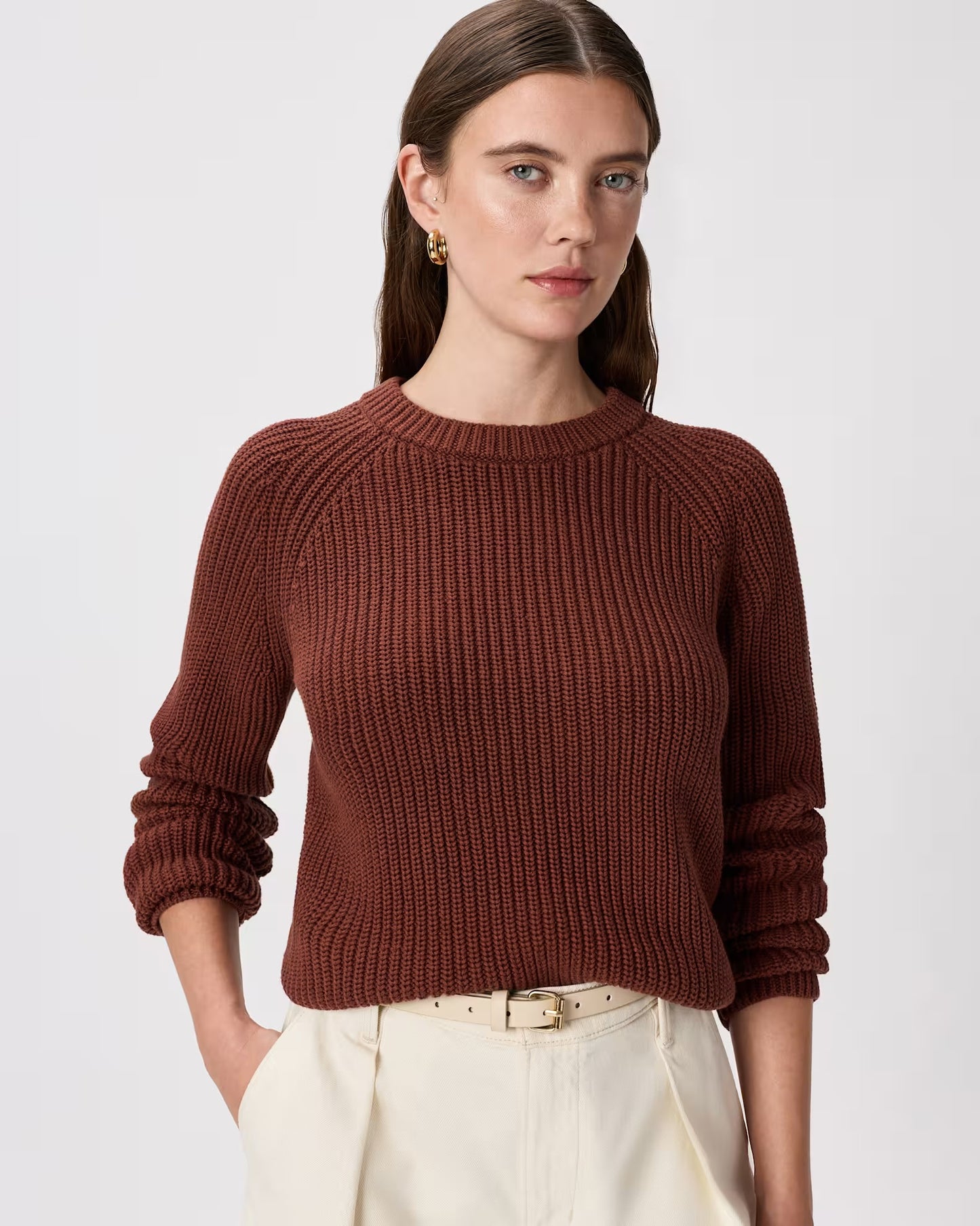 Quince Fisherman Crew Sweater in Redwood Brown - Large