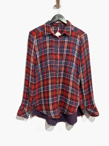 Free People Magical Plaid Buttondown Top in Red Combo - Small