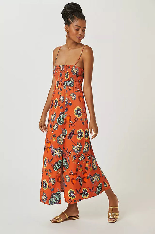 Anthropologie Maeve Orange Floral Midi Dress - XXS