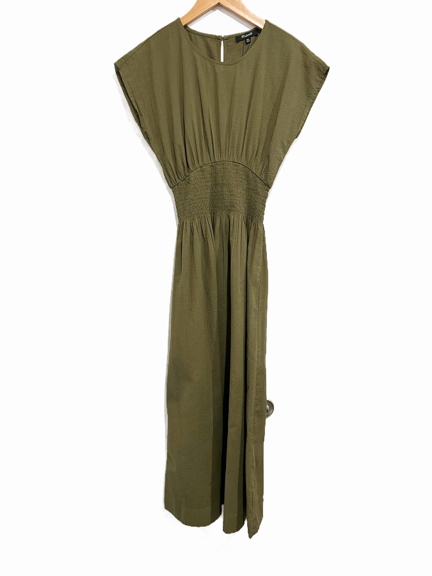 Madewell Smocked-Waist Midi Dress in Stripe Seersucker Desert Olive - XXS