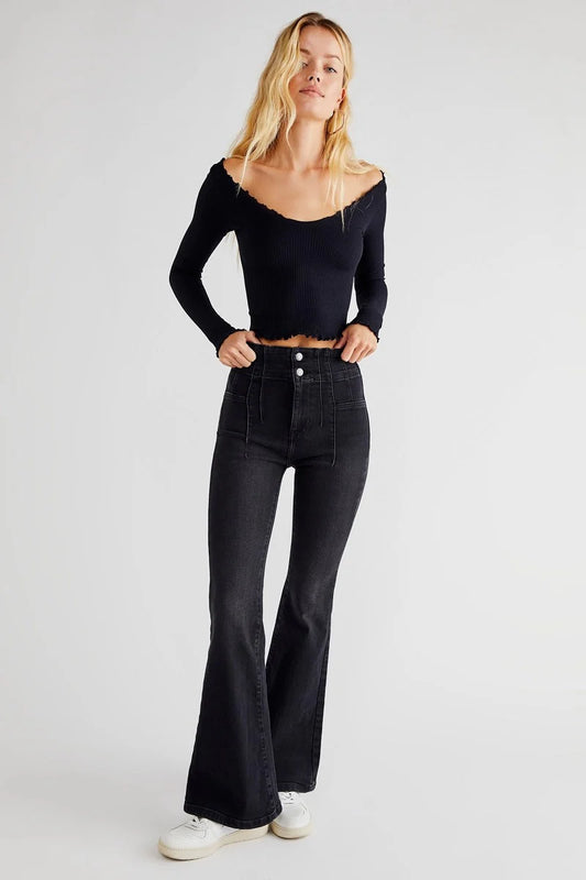 Free People Jayde Flare Jeans in Black Onyx - 25