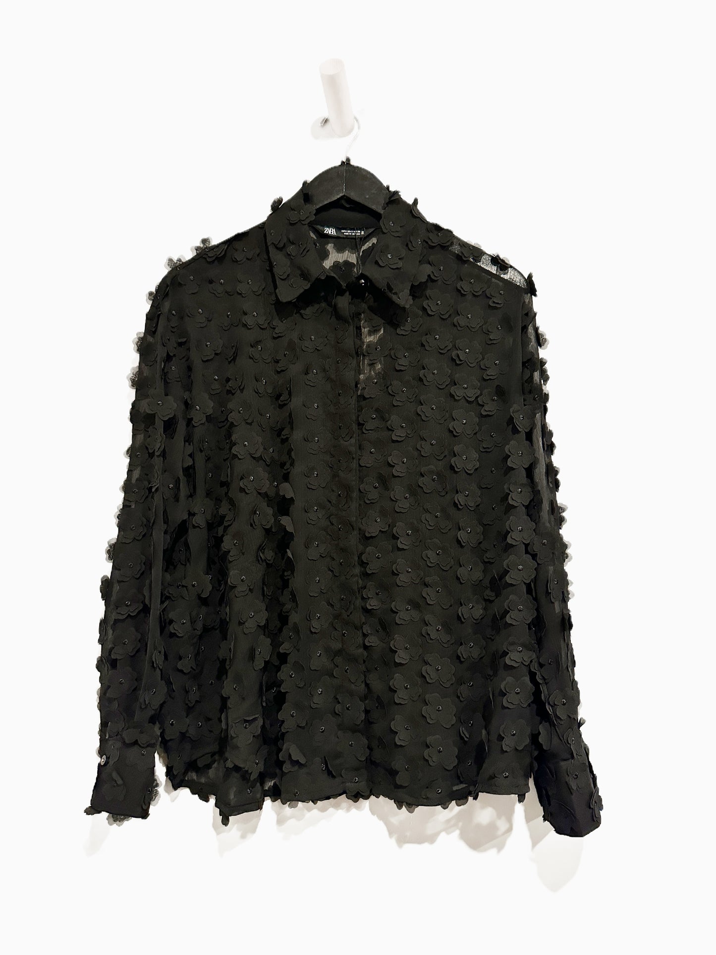 Zara NWT Black Floral Applique Button Down - Small