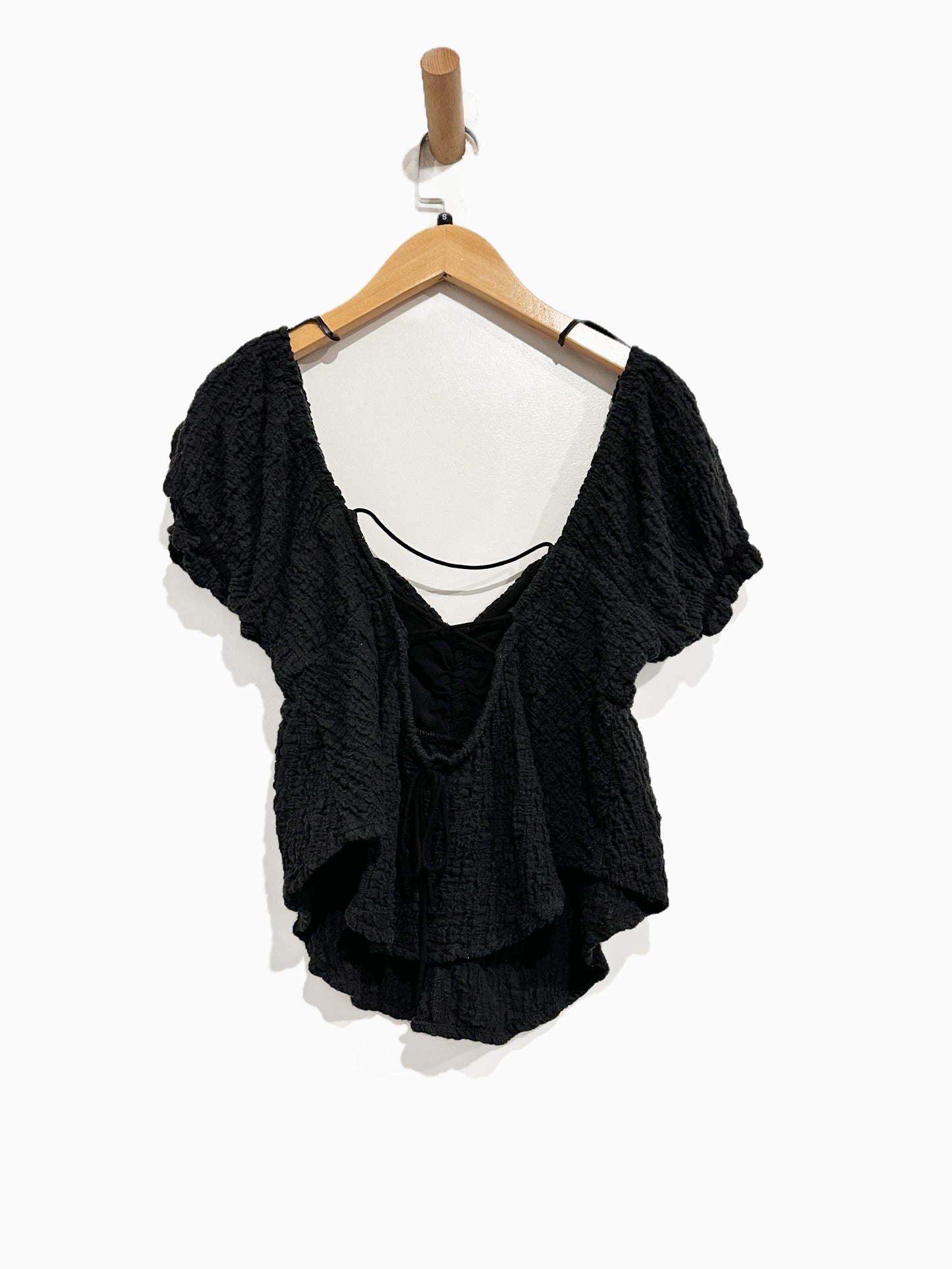 Urban Outfitters Beverly Textured Lace-Up Babydoll Blouse in Black - Small