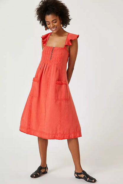 Anthropologie Flutter Sleeve Midi Dress in Red - Medium