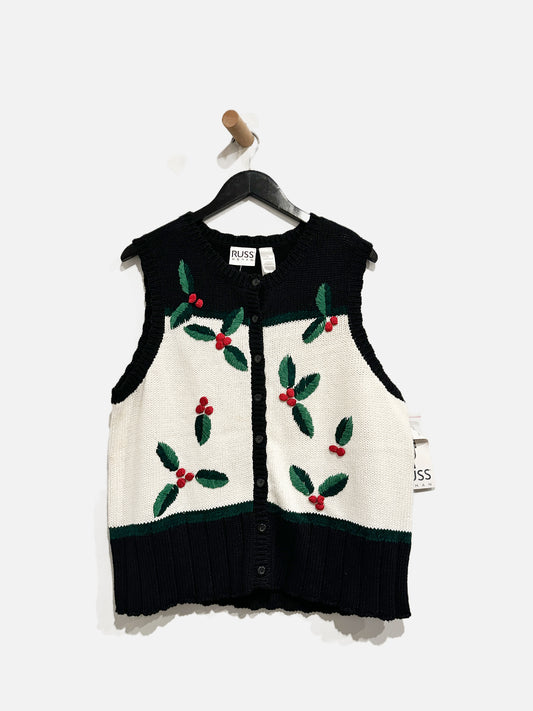 NWT VTG Russ Woman Holly Holiday Knit Cardigan Vest - 1X