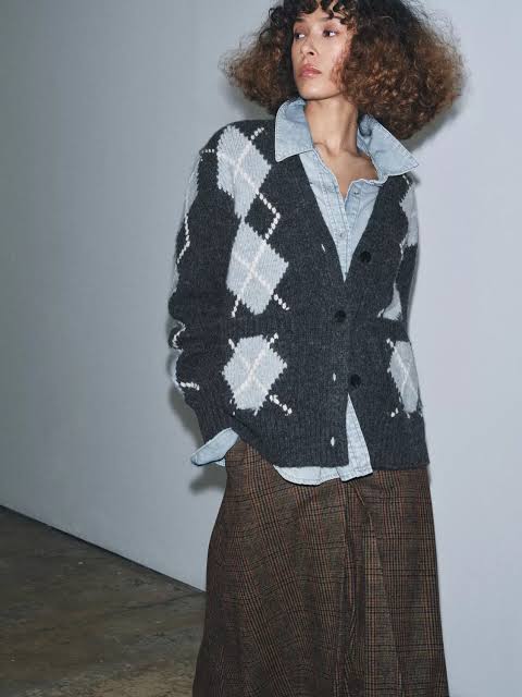 Zara Gray Wool Argyle Cardigan - Small
