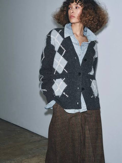 Zara Gray Wool Argyle Cardigan - Small
