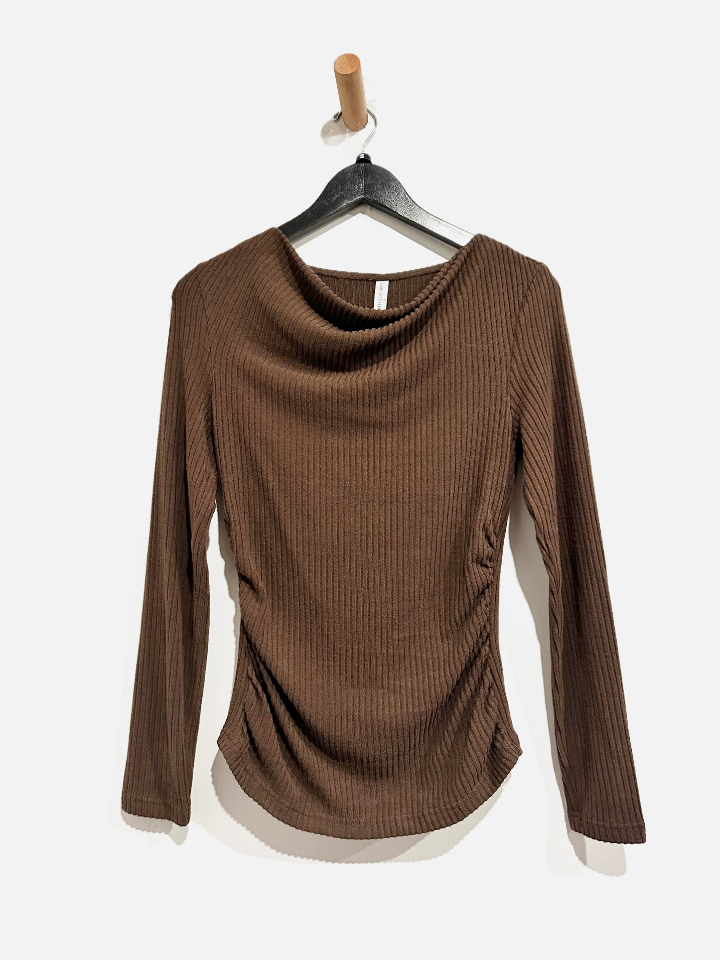 Pretty Garden Brown Ribbed Ruched LS Top - Small