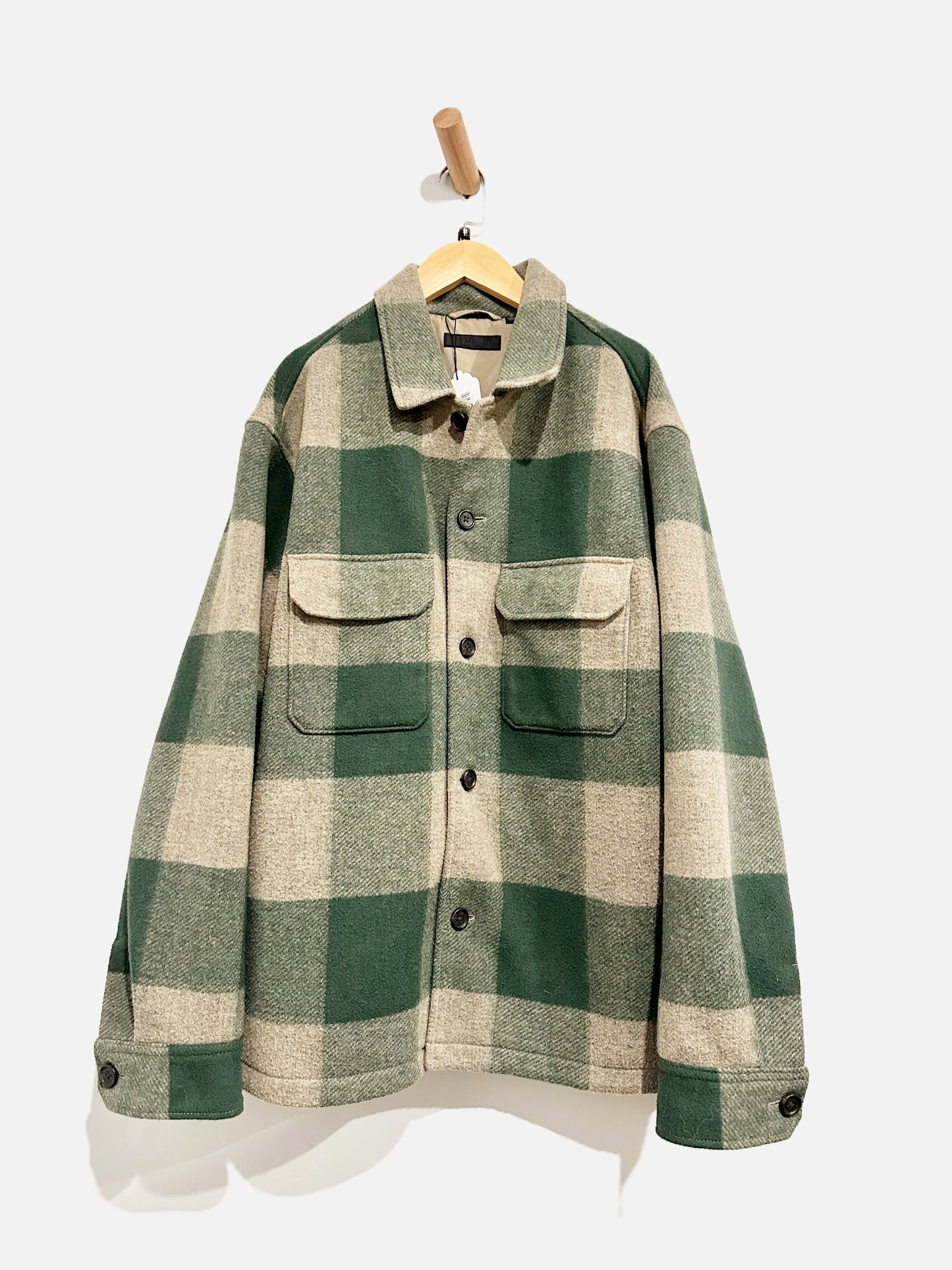 Uniqlo Men’s Green and Brown Plaid Wool Shacket - Medium