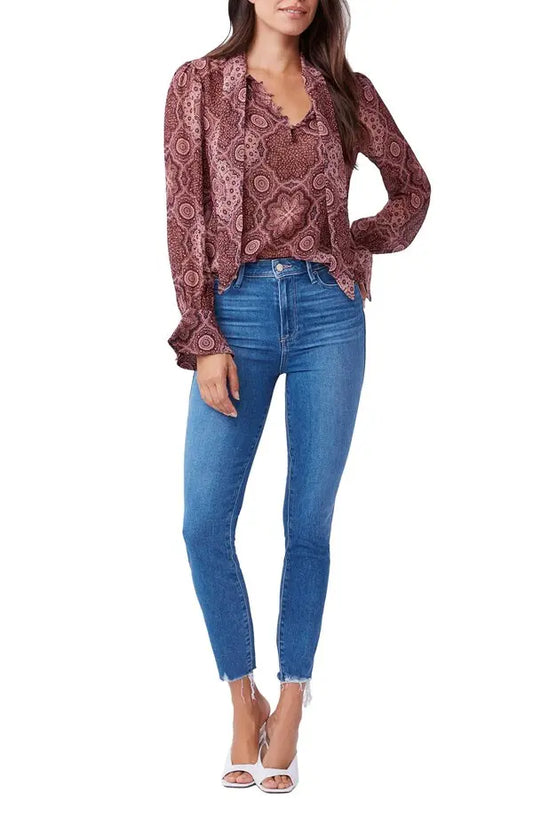 Paige Maline Tie Neck Silk Blouse in Mesa Rose Medallion - Medium