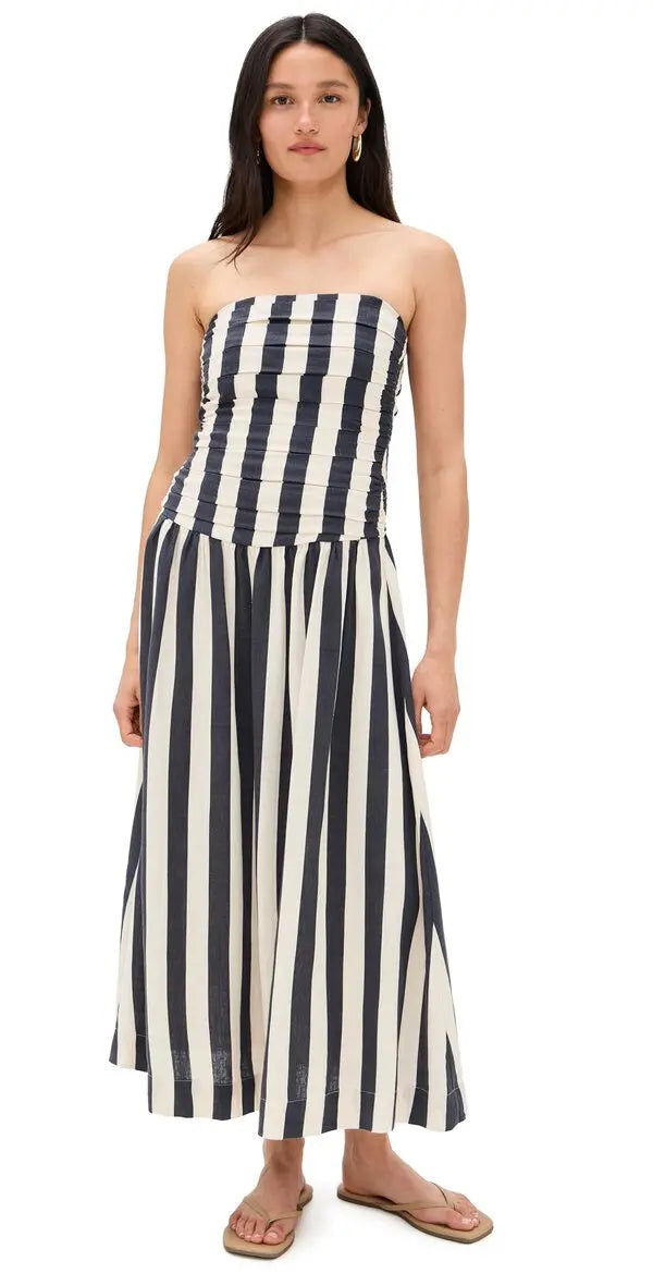 Moon River Stripe Ruched Strapless Midi Dress in Navy/White - Medium