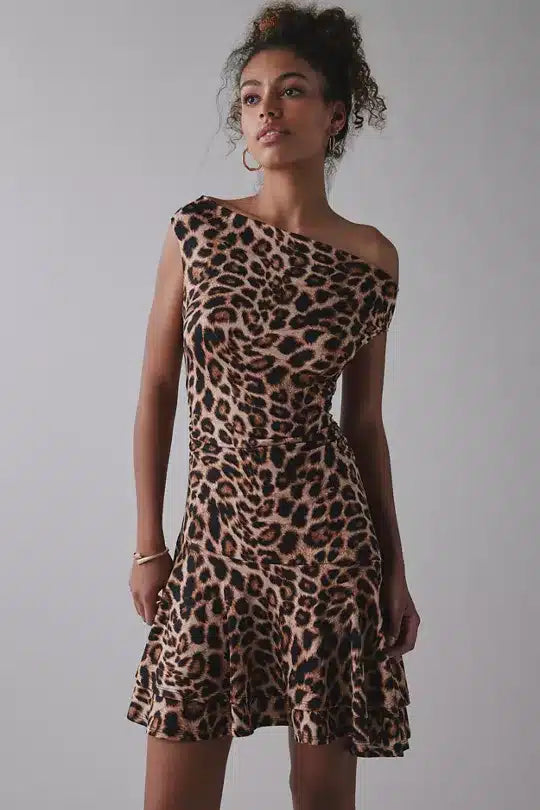 Urban Outfitters NWT Happy Hour Asymmetrical Off-The-Shoulder Mini Dress in Leopard - XS