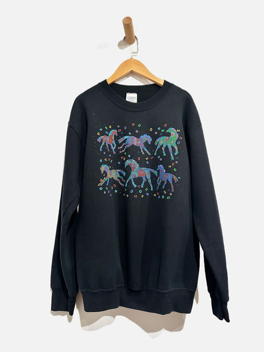 GIldan Vintage Black Colorful Horse Sweatshirt - Small