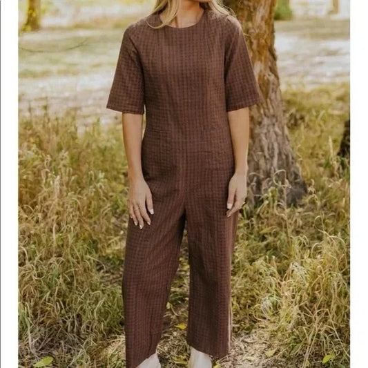 Roolee Brown and Blue Gingham Jumpsuit - Large