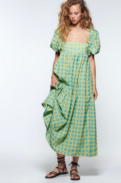 Zara Yellow and Blue Checkered Maxi Dress - Small