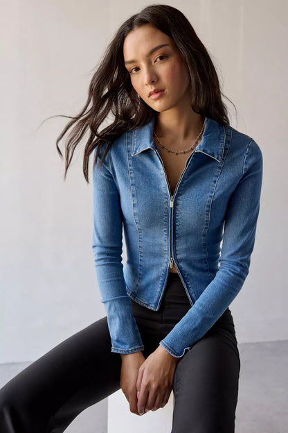 Urban Outfitters Ledia Slim Long Sleeve Zip-Front Denim Shirt - Small