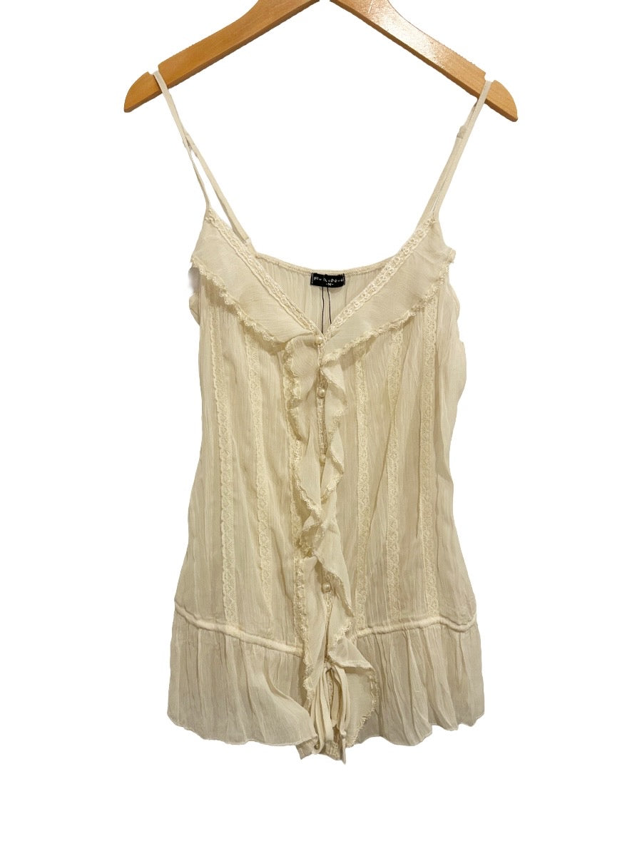 Fang Y2K Sheer Cream Ruffle Tank Top - Medium