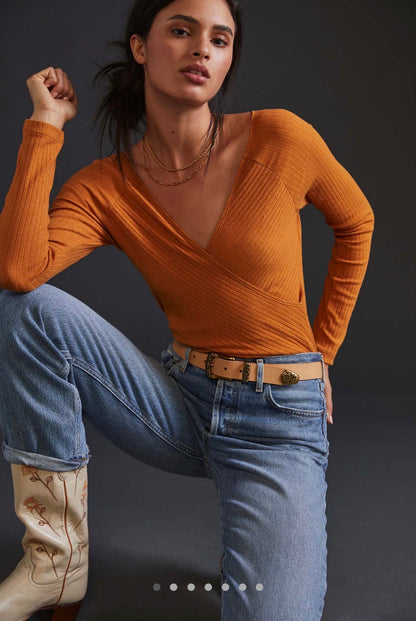 Anthropologie Maeve Ribbed V-Neck Top in Copper - Medium
