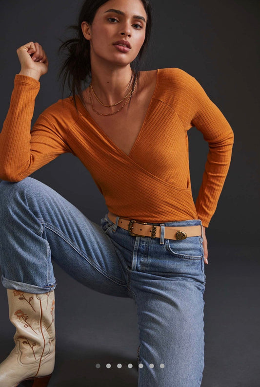 Anthropologie Maeve Ribbed V-Neck Top in Copper - Medium