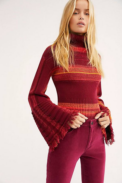 Free People Maroon Stripe Turtleneck Sweater - Medium