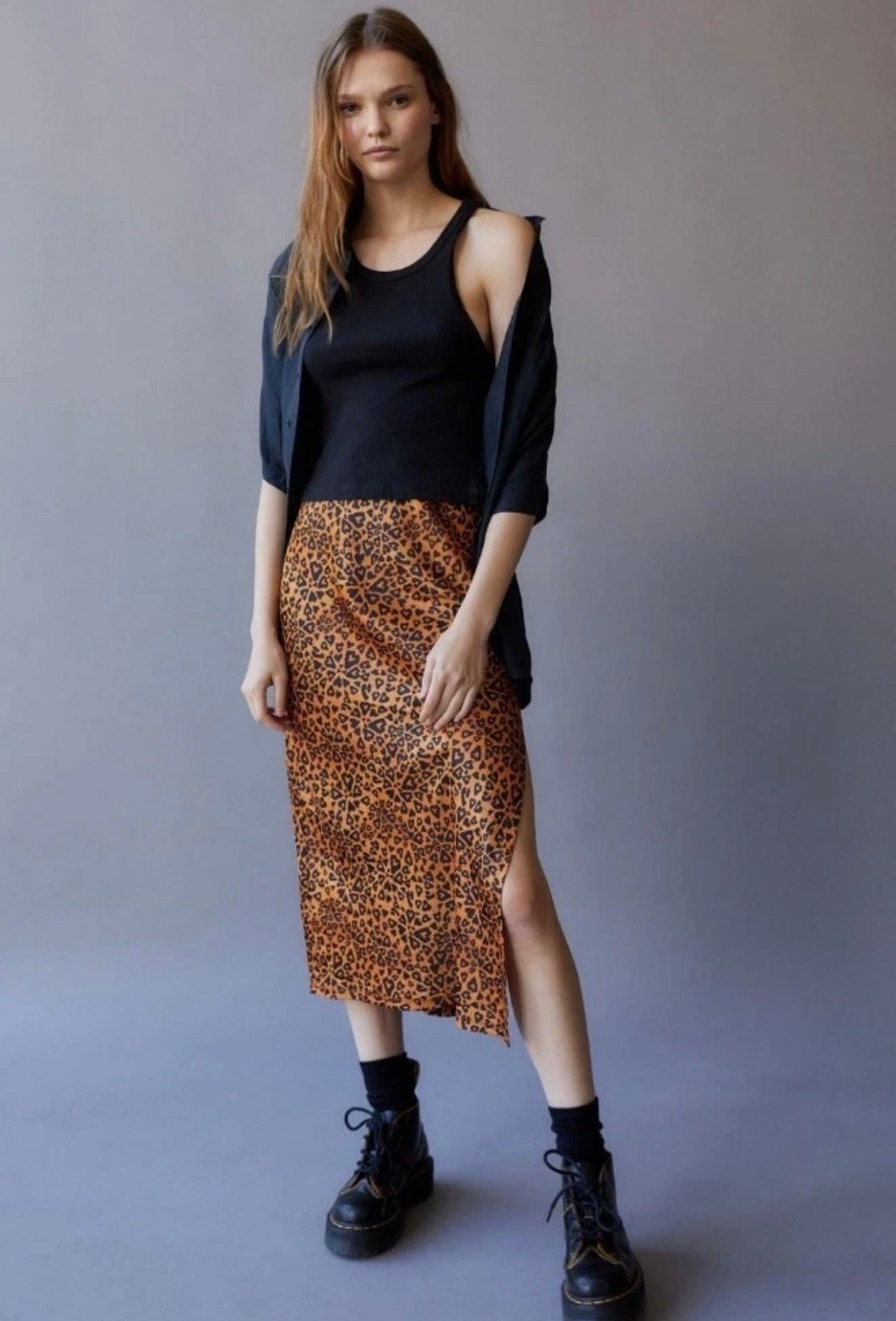 Urban Outfitters Edy Satin Leopard Heart Midi Skirt - Large