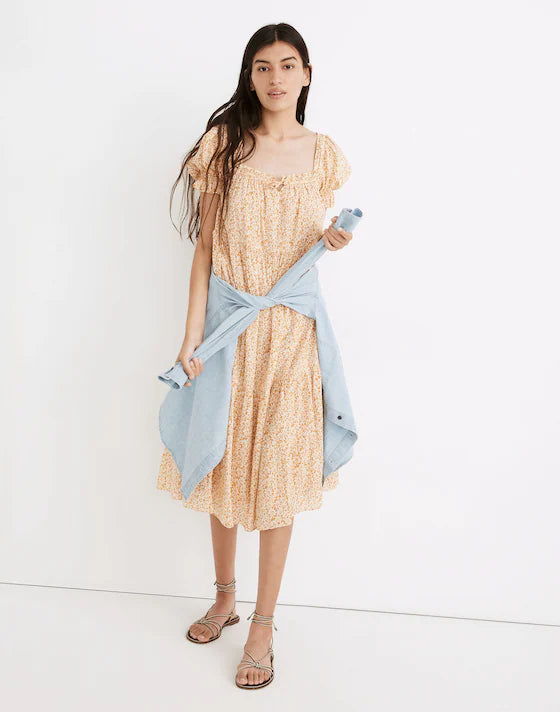 Madewell Square-Neck Tiered Midi Dress in Sunflower Field - XS