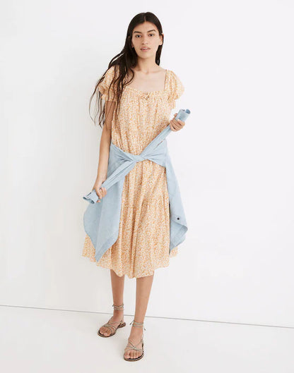 Madewell Square-Neck Tiered Midi Dress in Sunflower Field - XS
