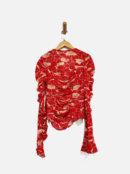 Free People Through the Meadow Red Floral Rushed Top - XS